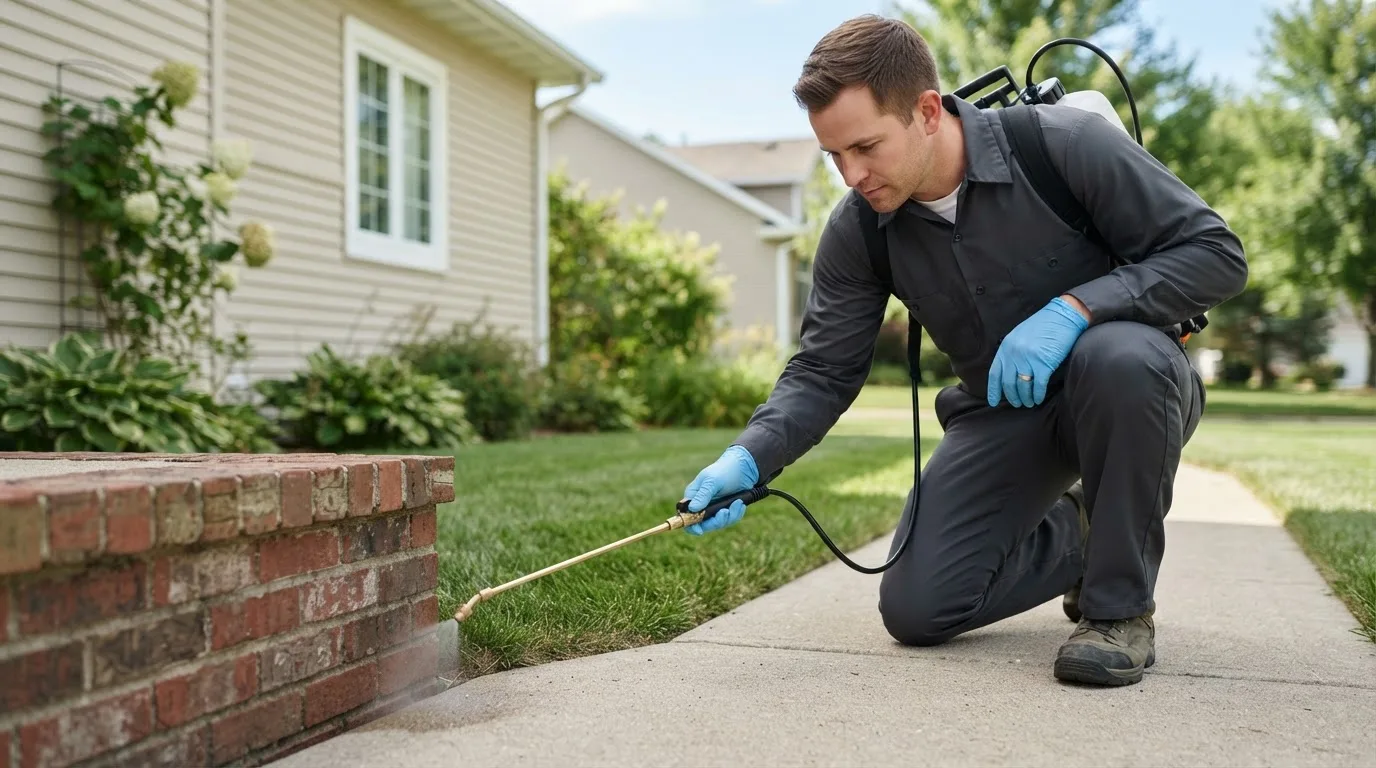 Pest control technician treating a home near Mcveytown, PA